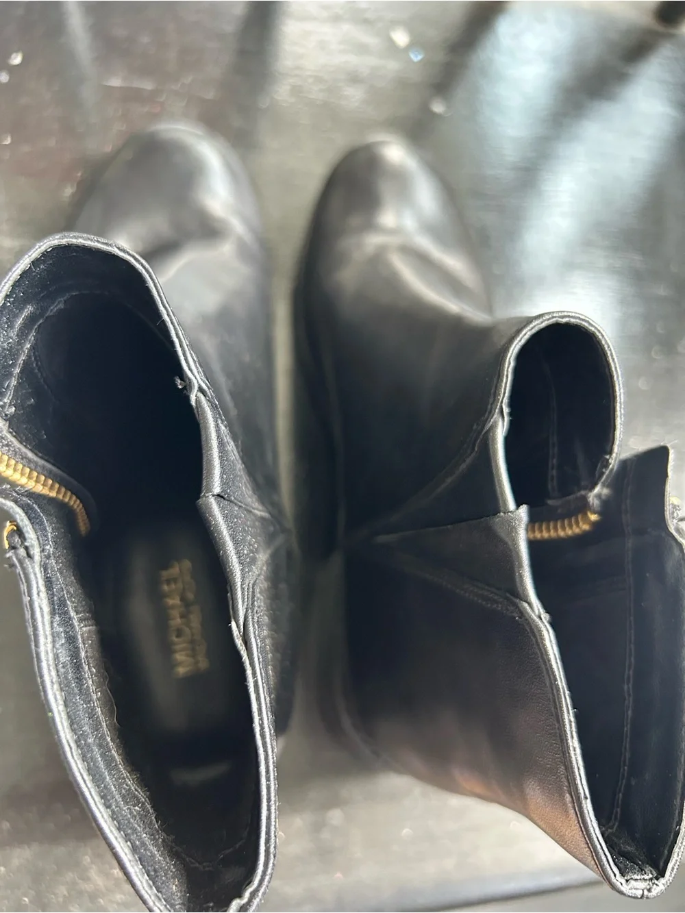 Michael Kors Black Leather Chukka Boots with Gold MK Zipper Charm size 5.5